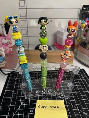 Handcrafted Powerpuff Girls Beaded Pens - Blue, Green, Pink